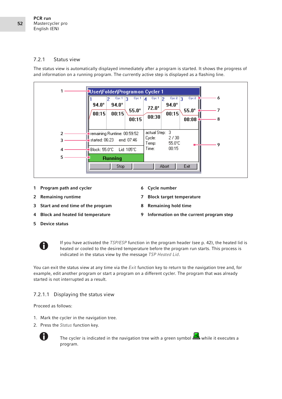 1 status view, Status view | Eppendorf Mastercycler pro User Manual | Page 52 / 94