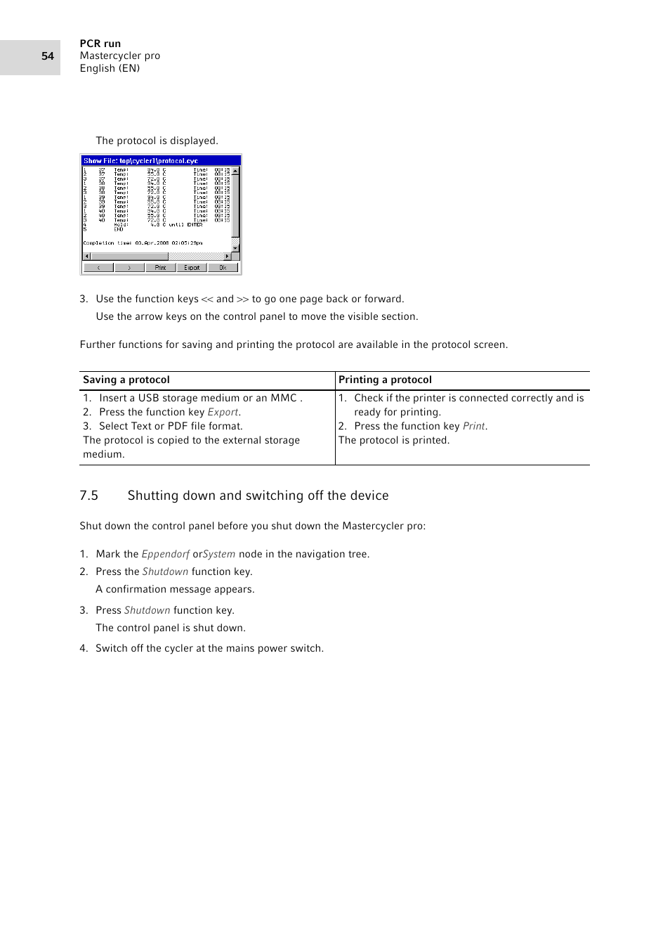 5 shutting down and switching off the device, Shutting down and switching off the device | Eppendorf Mastercycler pro User Manual | Page 54 / 94