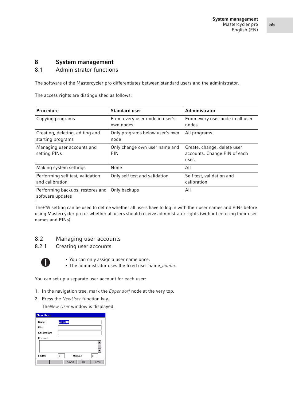 8 system management, 1 administrator functions, 2 managing user accounts | 1 creating user accounts, System management 8.1, Administrator functions, Managing user accounts 8.2.1, Creating user accounts, Tely(see managing user accounts on p. 55), User node (see | Eppendorf Mastercycler pro User Manual | Page 55 / 94