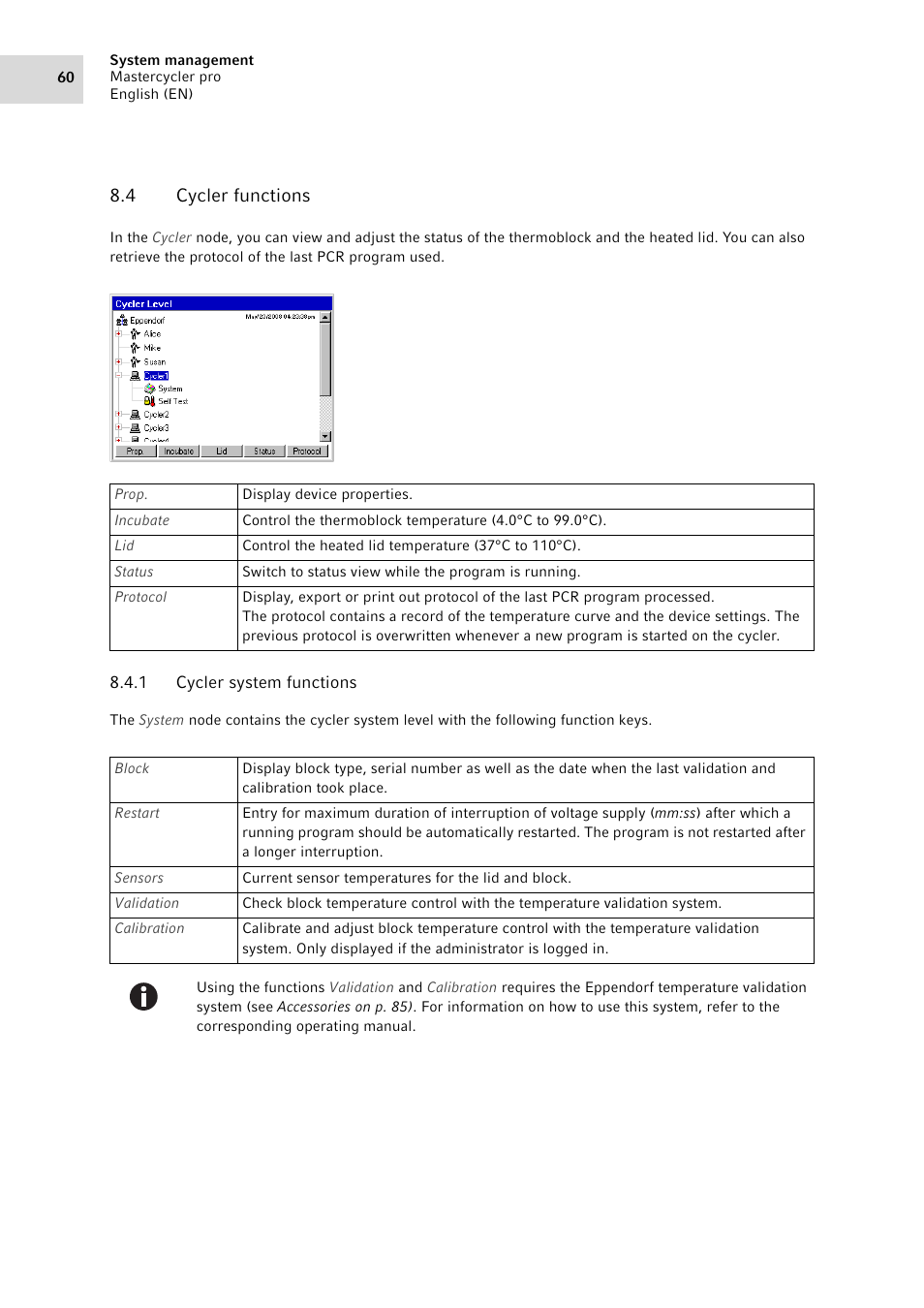 4 cycler functions, 1 cycler system functions, Cycler functions 8.4.1 | Cycler system functions | Eppendorf Mastercycler pro User Manual | Page 60 / 94