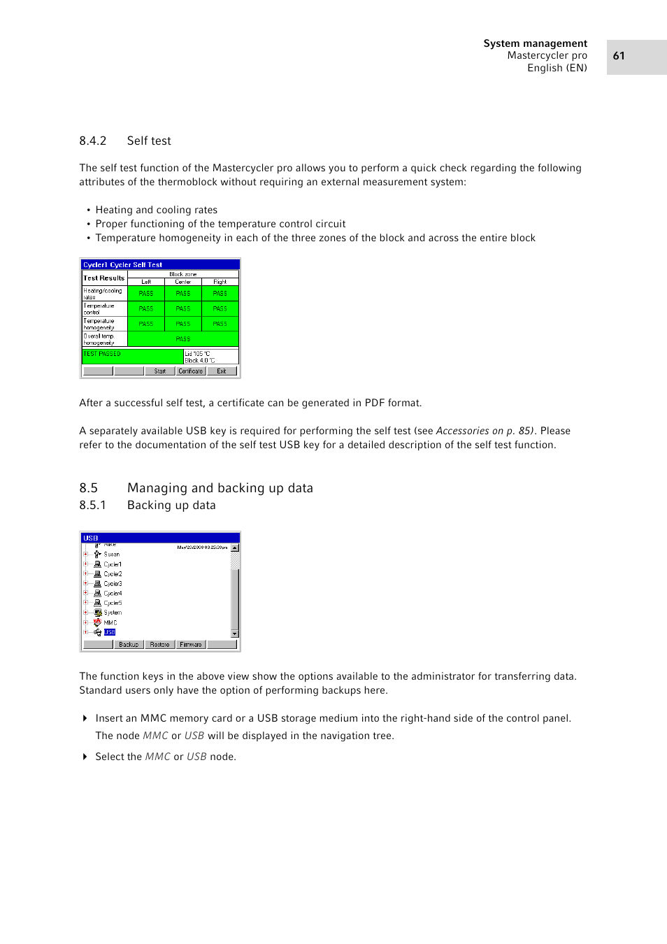 2 self test, 5 managing and backing up data, 1 backing up data | Self test, Managing and backing up data 8.5.1, Backing up data | Eppendorf Mastercycler pro User Manual | Page 61 / 94