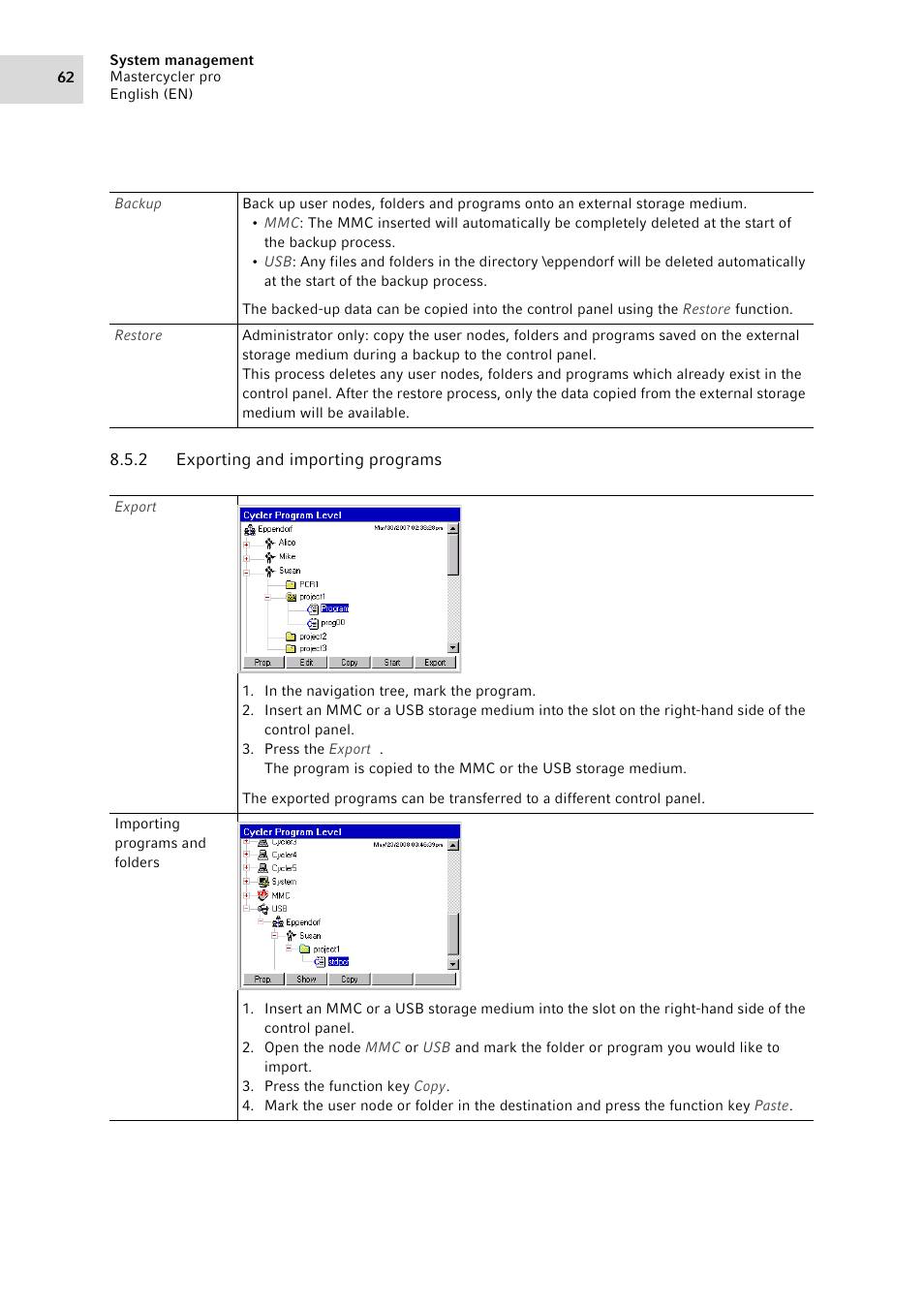 2 exporting and importing programs, Exporting and importing programs | Eppendorf Mastercycler pro User Manual | Page 62 / 94