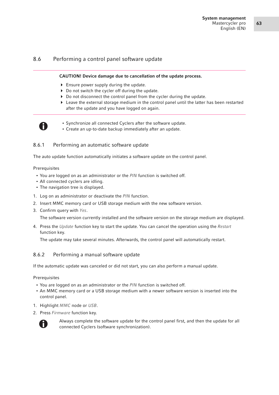 6 performing a control panel software update, 1 performing an automatic software update, 2 performing a manual software update | Performing a control panel software update 8.6.1, Performing an automatic software update, Performing a manual software update | Eppendorf Mastercycler pro User Manual | Page 63 / 94