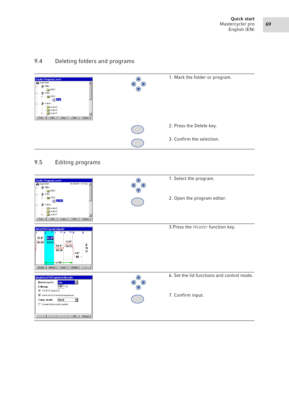 4 deleting folders and programs, 5 editing programs, Deleting folders and programs | Editing programs | Eppendorf Mastercycler pro User Manual | Page 69 / 94