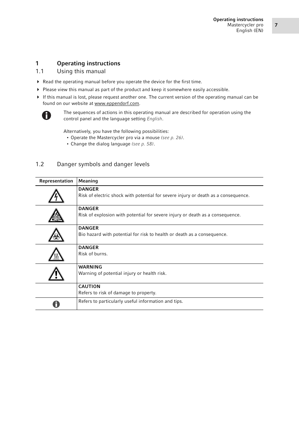 1 operating instructions, 1 using this manual, 2 danger symbols and danger levels | Operating instructions 1.1, Using this manual, Danger symbols and danger levels | Eppendorf Mastercycler pro User Manual | Page 7 / 94