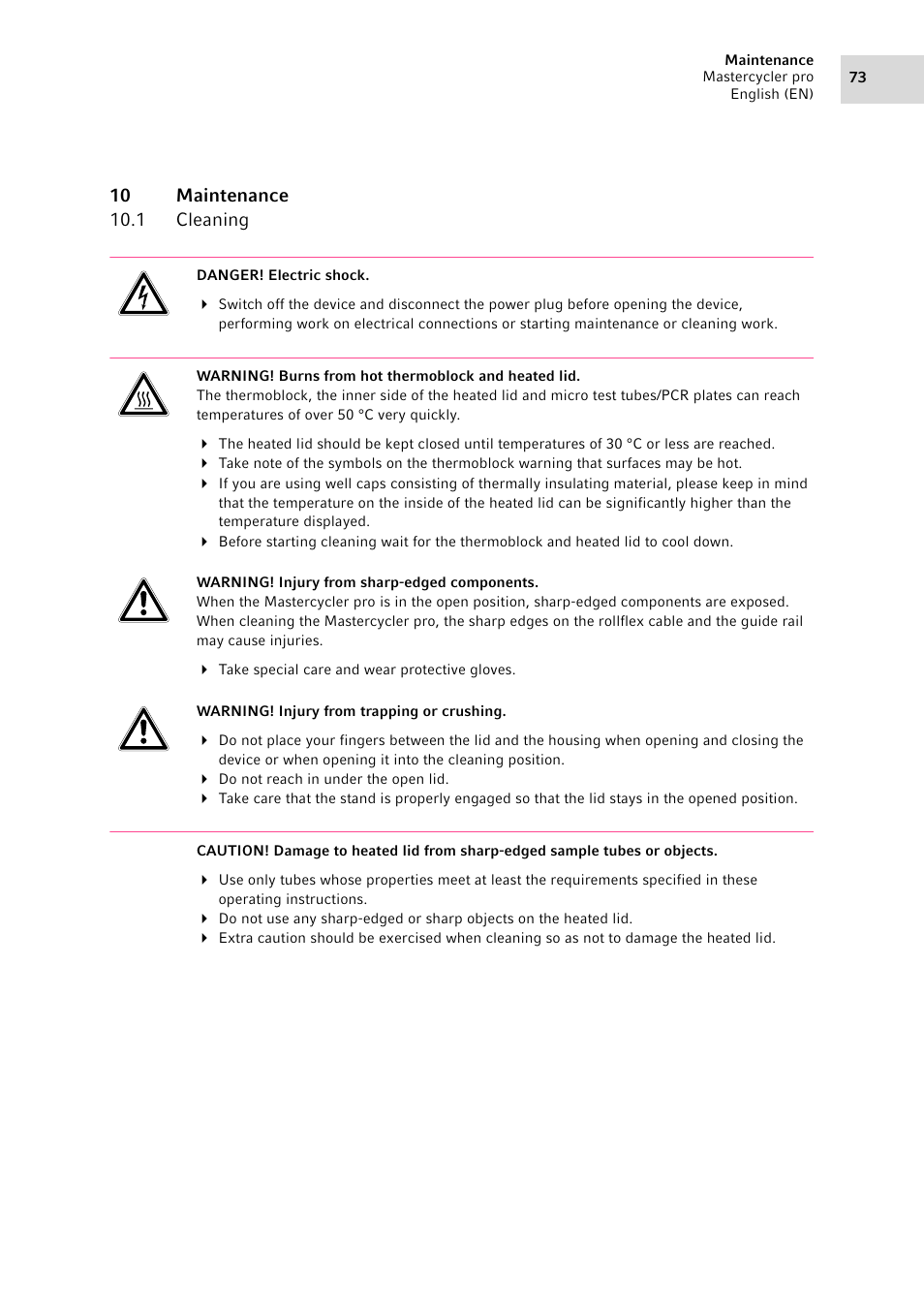 10 maintenance, 1 cleaning, Cleaning | Eppendorf Mastercycler pro User Manual | Page 73 / 94