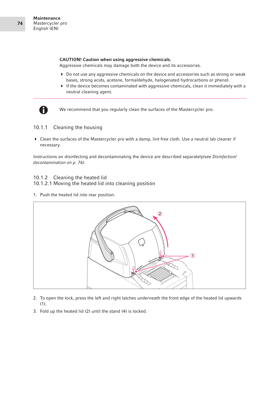 1 cleaning the housing, 2 cleaning the heated lid, Cleaning the housing | Cleaning the heated lid | Eppendorf Mastercycler pro User Manual | Page 74 / 94