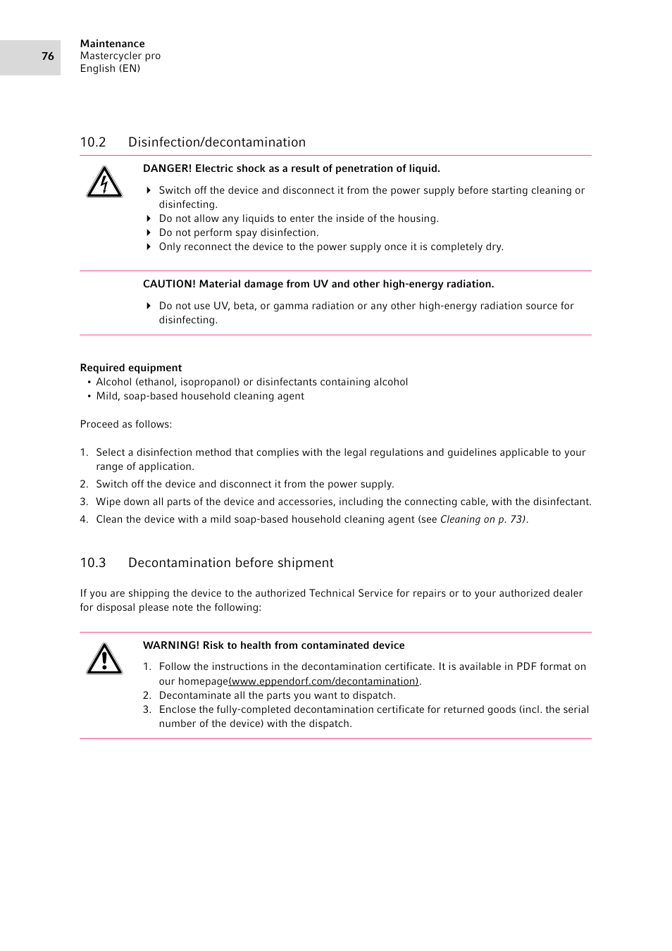 2 disinfection/decontamination, 3 decontamination before shipment, Disinfection/decontamination | Decontamination before shipment | Eppendorf Mastercycler pro User Manual | Page 76 / 94