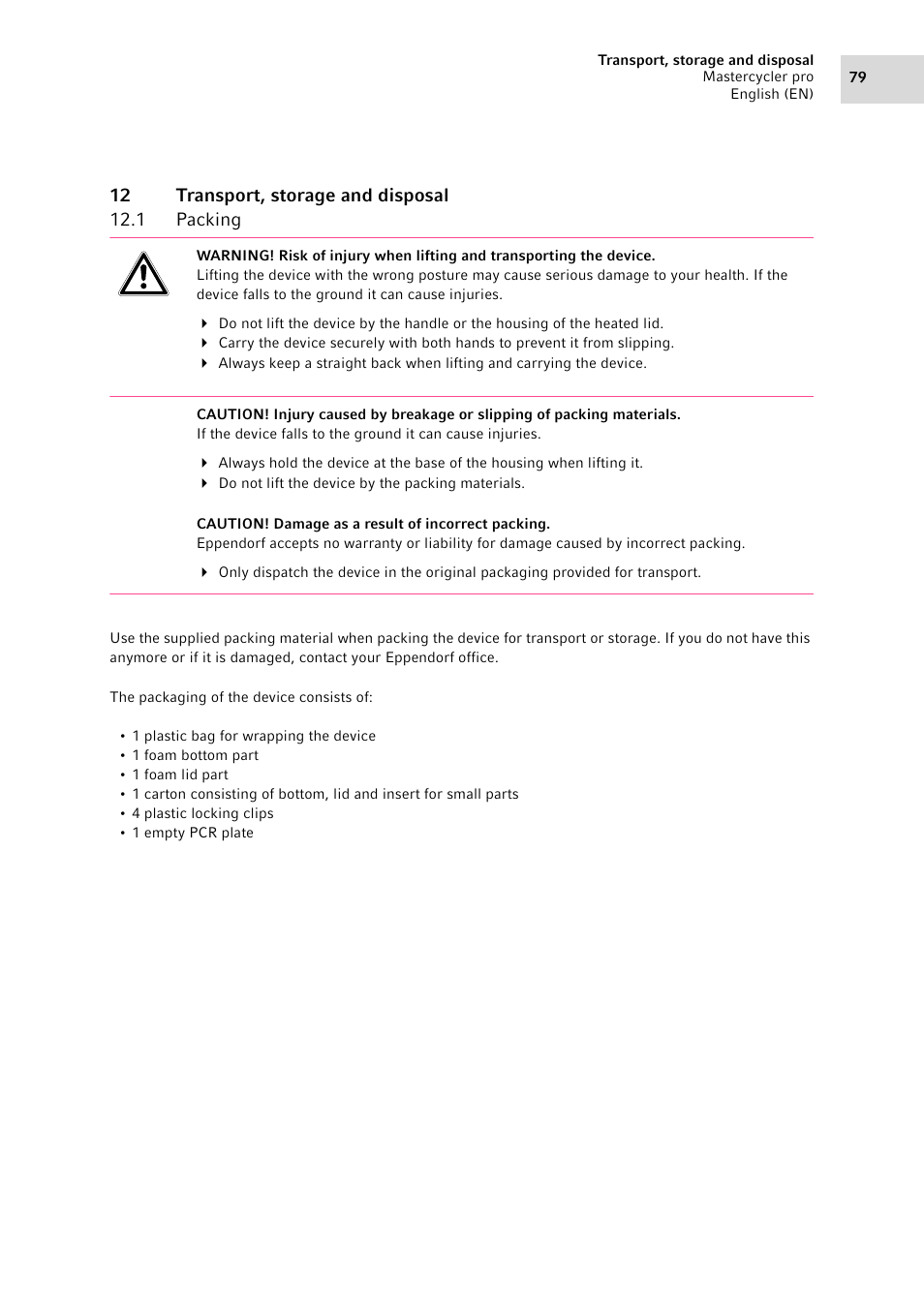 12 transport, storage and disposal, 1 packing, Packing | Eppendorf Mastercycler pro User Manual | Page 79 / 94