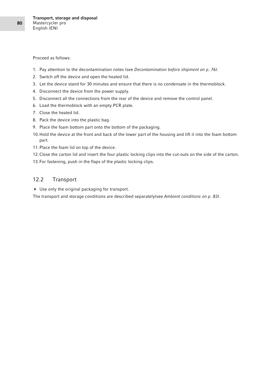 2 transport, Transport | Eppendorf Mastercycler pro User Manual | Page 80 / 94