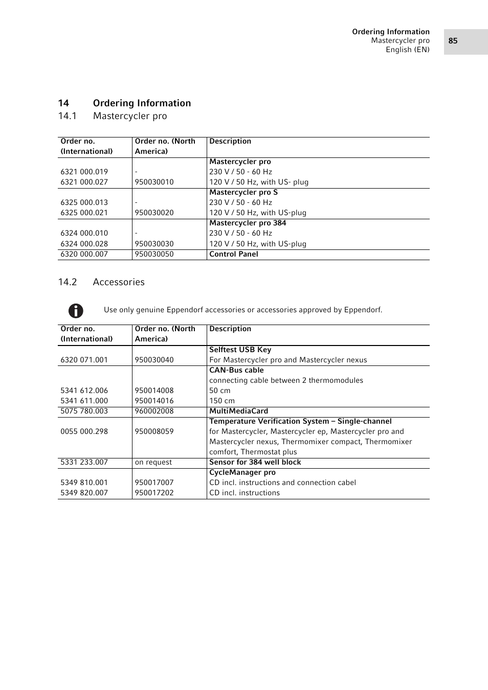 14 ordering information, 1 mastercycler pro, 2 accessories | Mastercycler pro, Accessories | Eppendorf Mastercycler pro User Manual | Page 85 / 94