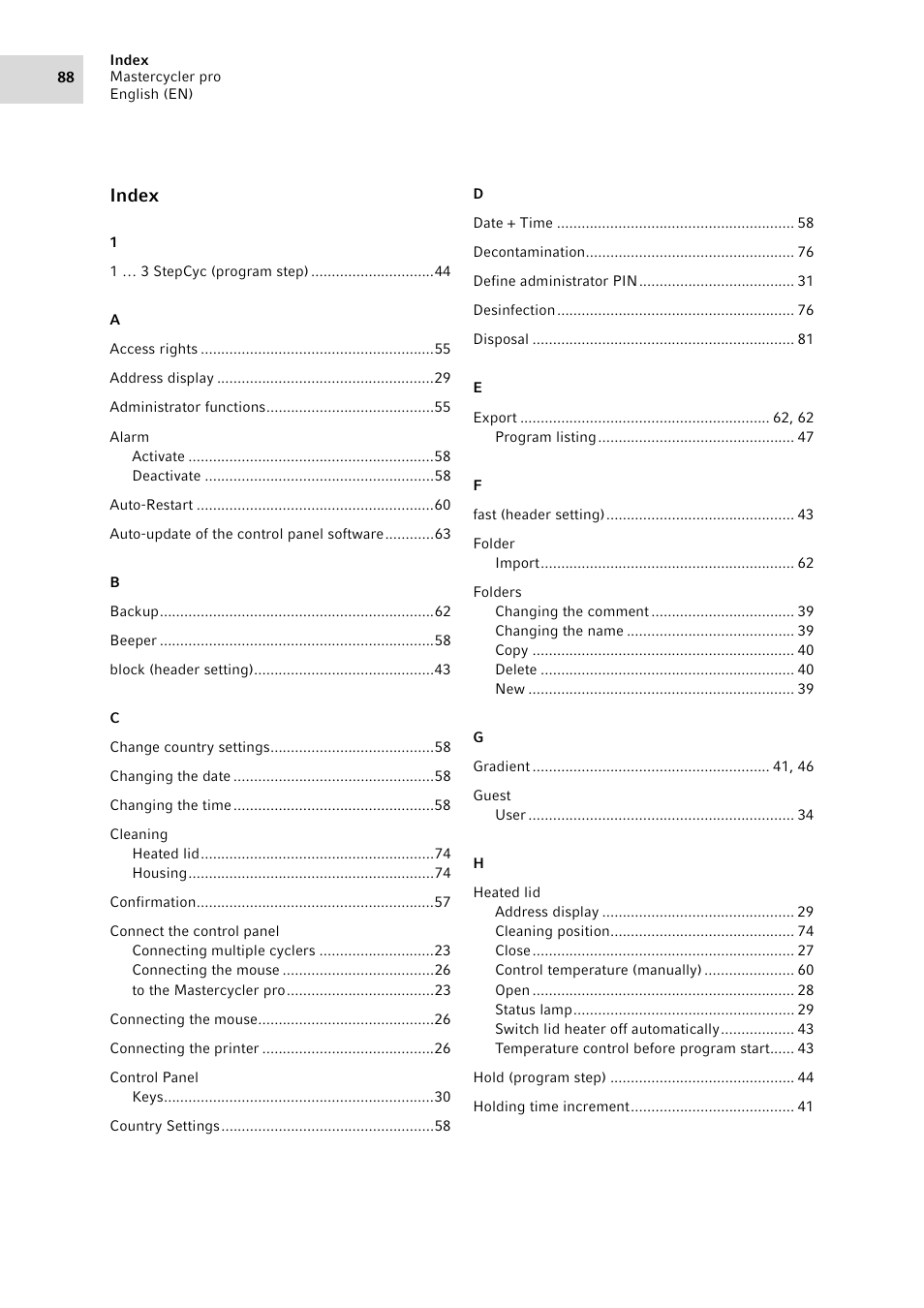 Index | Eppendorf Mastercycler pro User Manual | Page 88 / 94