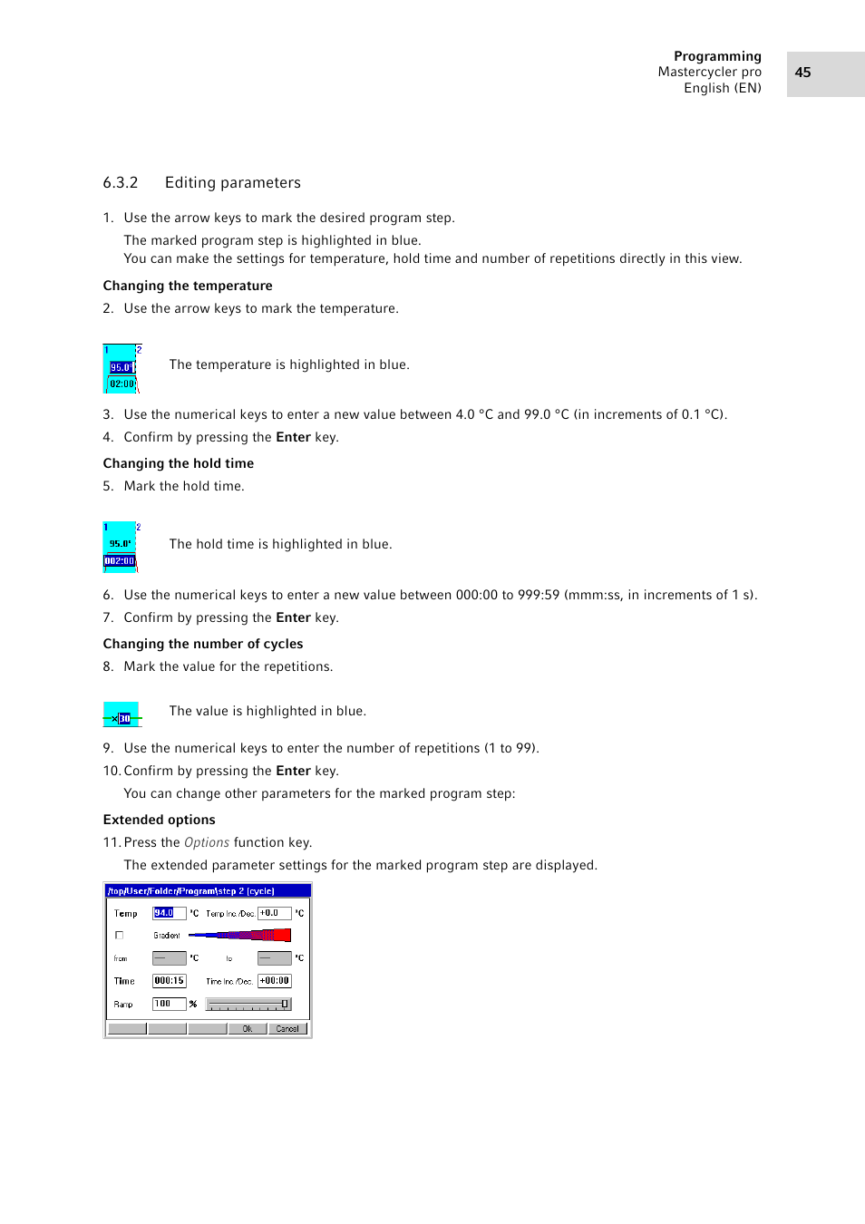 2 editing parameters, Editing parameters, See editing parameters on p. 45) | Eppendorf Mastercycler pro User Manual | Page 45 / 120