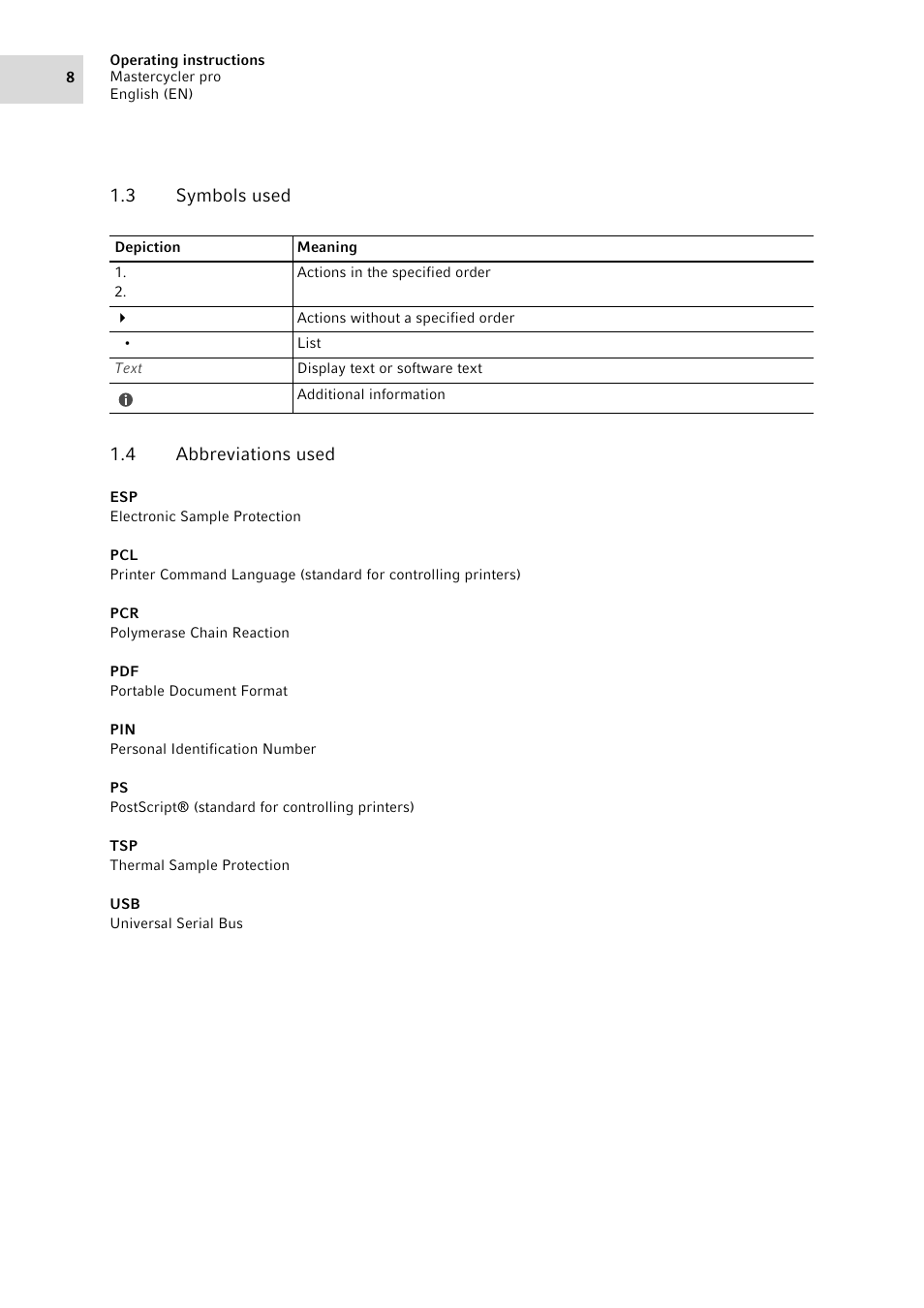 3 symbols used, 4 abbreviations used, Symbols used | Abbreviations used | Eppendorf Mastercycler pro User Manual | Page 8 / 120