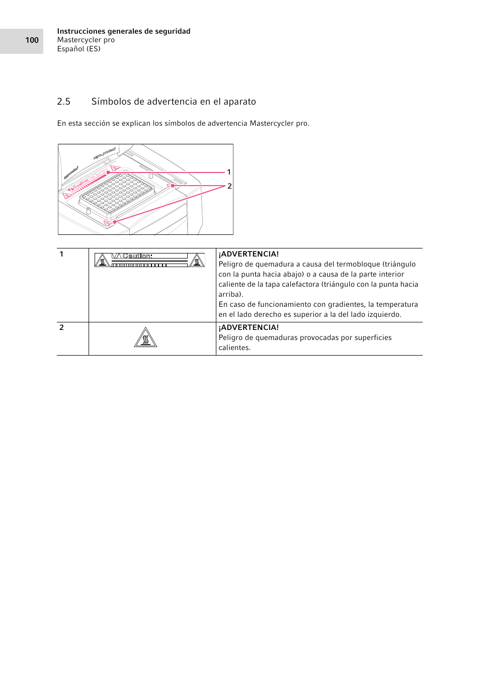 5 símbolos de advertencia en el aparato, Símbolos de advertencia en el aparato | Eppendorf Mastercycler pro User Manual | Page 100 / 118