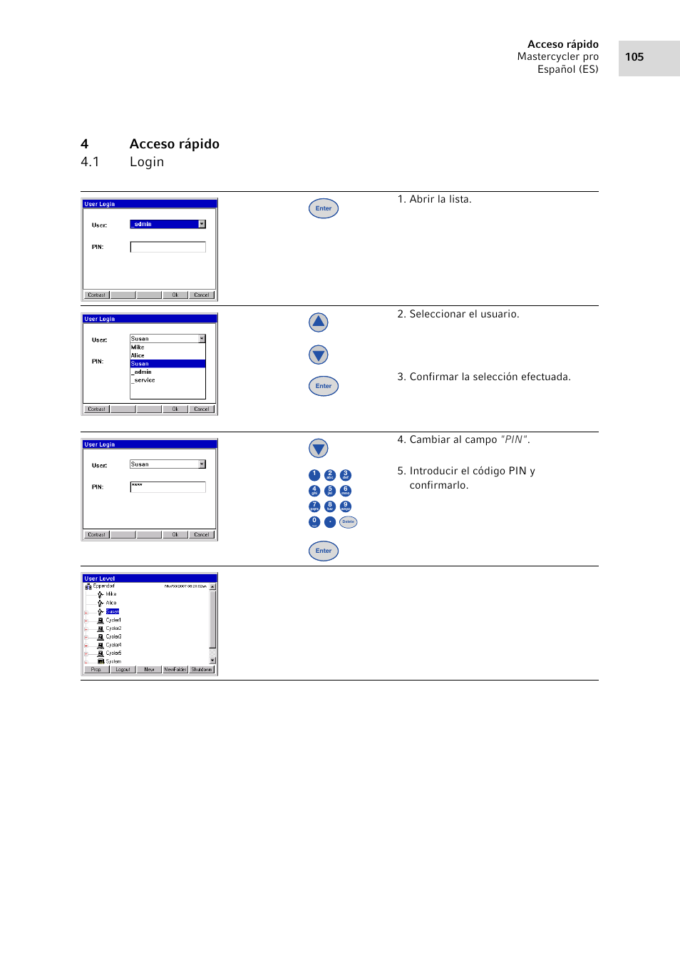 4 acceso rápido, 1 login, Acceso rápido 4.1 | Login, 4acceso rápido 4.1 login, Acceso rápido mastercycler pro español (es) 105 | Eppendorf Mastercycler pro User Manual | Page 105 / 118