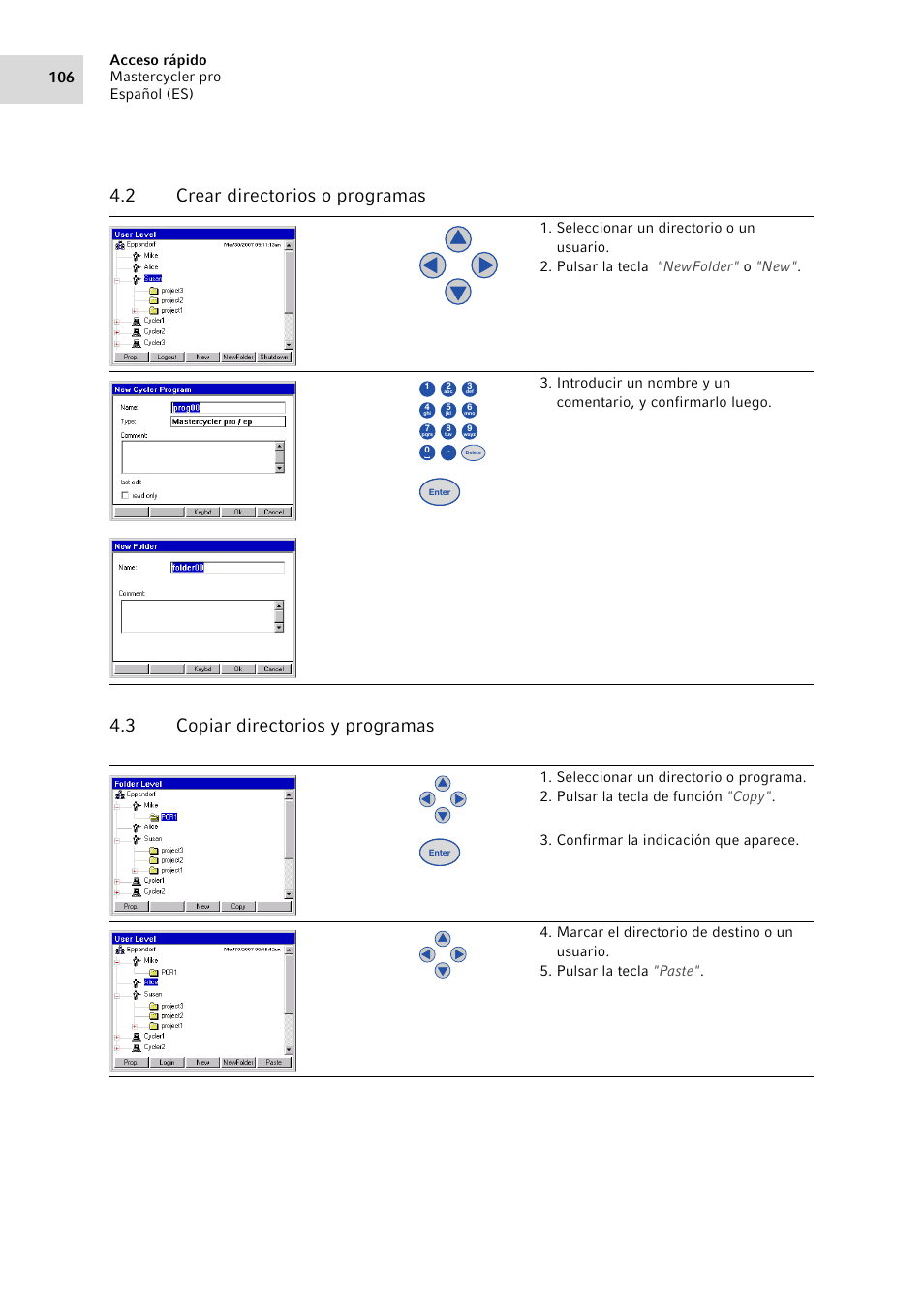 2 crear directorios o programas, 3 copiar directorios y programas, Crear directorios o programas | Copiar directorios y programas | Eppendorf Mastercycler pro User Manual | Page 106 / 118