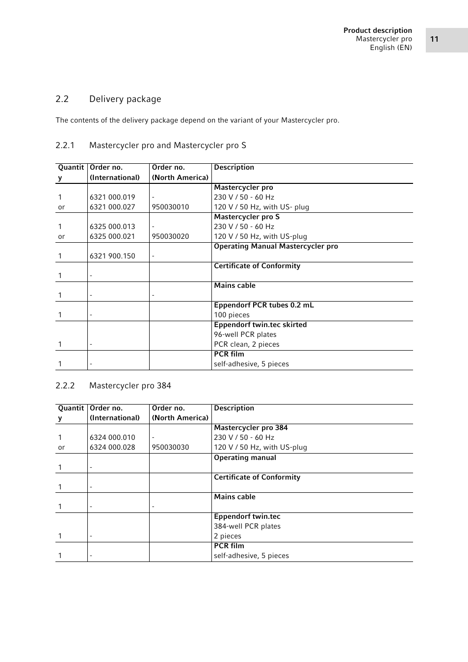 2 delivery package, 1 mastercycler pro and mastercycler pro s, 2 mastercycler pro 384 | Delivery package 2.2.1, Mastercycler pro and mastercycler pro s, Mastercycler pro 384 | Eppendorf Mastercycler pro User Manual | Page 11 / 118