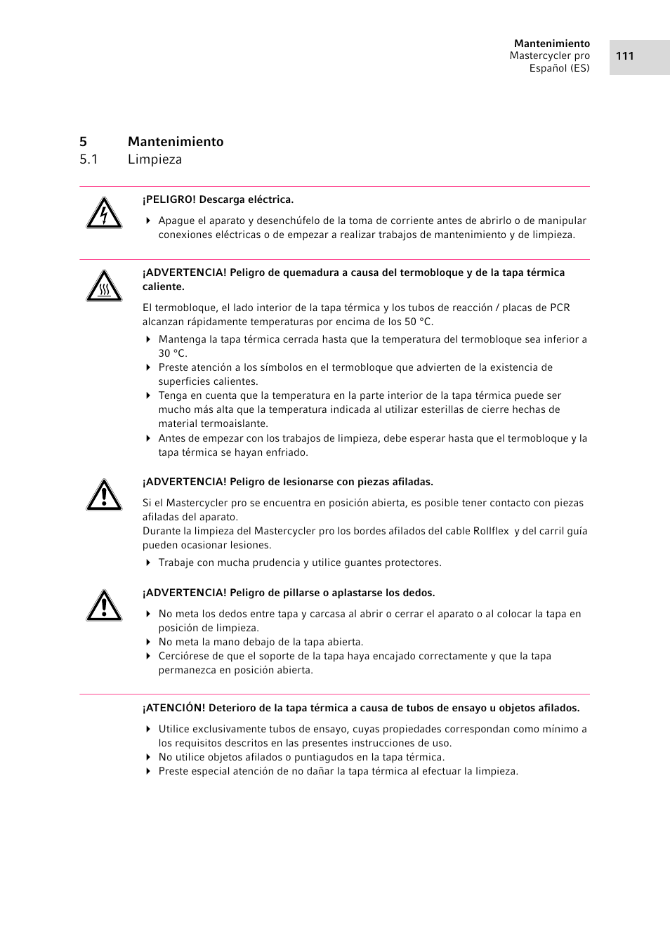 5 mantenimiento, 1 limpieza, Mantenimiento 5.1 | Limpieza, 5mantenimiento 5.1 limpieza | Eppendorf Mastercycler pro User Manual | Page 111 / 118