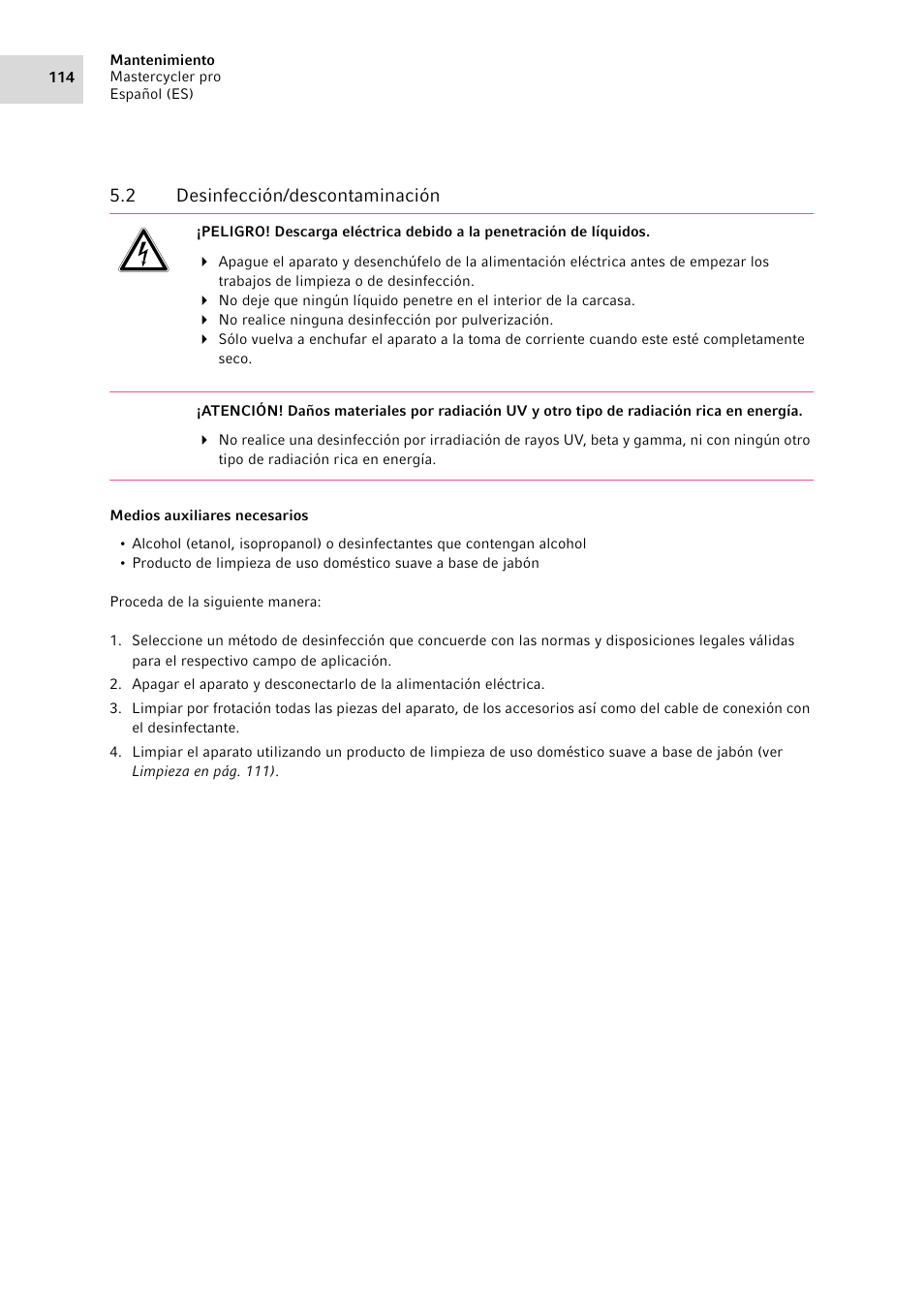 2 desinfección/descontaminación, Desinfección/descontaminación | Eppendorf Mastercycler pro User Manual | Page 114 / 118