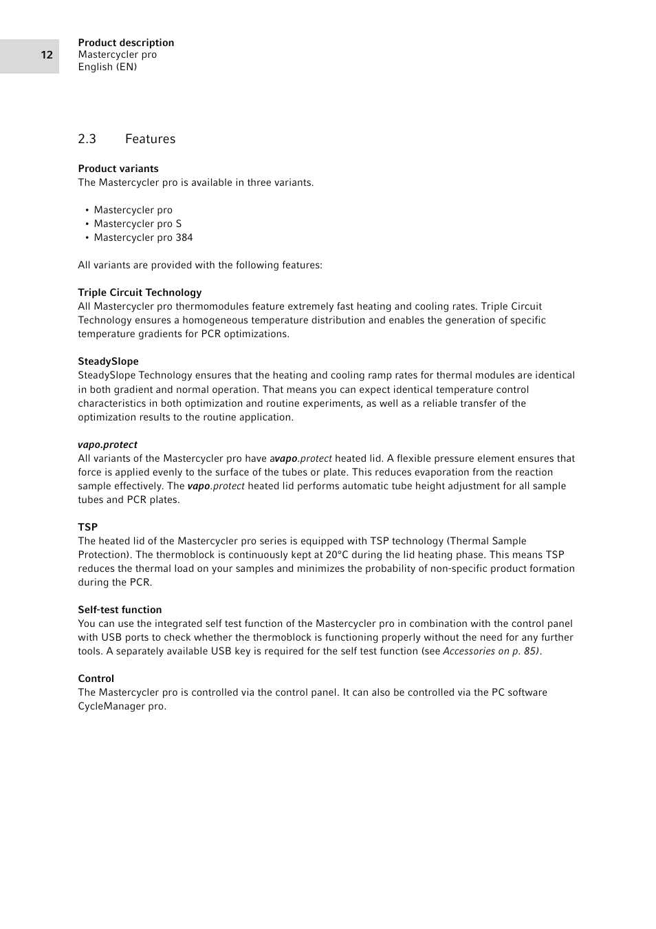 3 features, Features | Eppendorf Mastercycler pro User Manual | Page 12 / 118