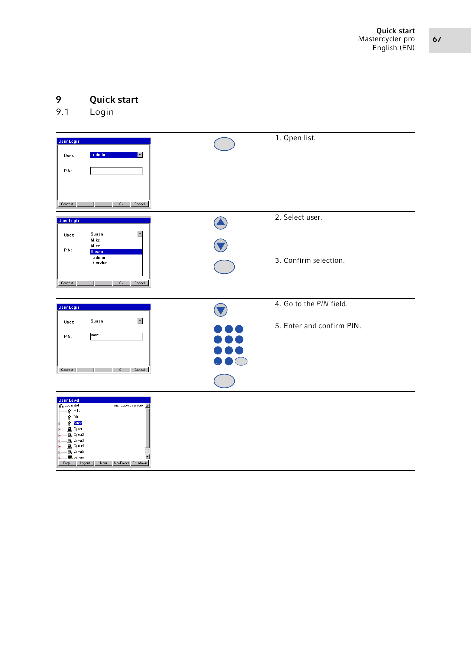 9 quick start, 1 login, Quick start 9.1 | Login, 9quick start 9.1 login, Quick start mastercycler pro english (en) 67 | Eppendorf Mastercycler pro User Manual | Page 67 / 118