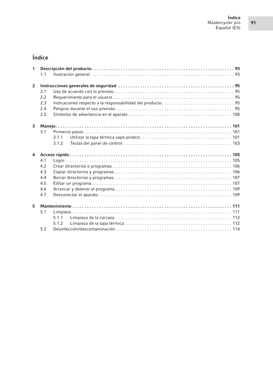 Español (es), Índice | Eppendorf Mastercycler pro User Manual | Page 91 / 118