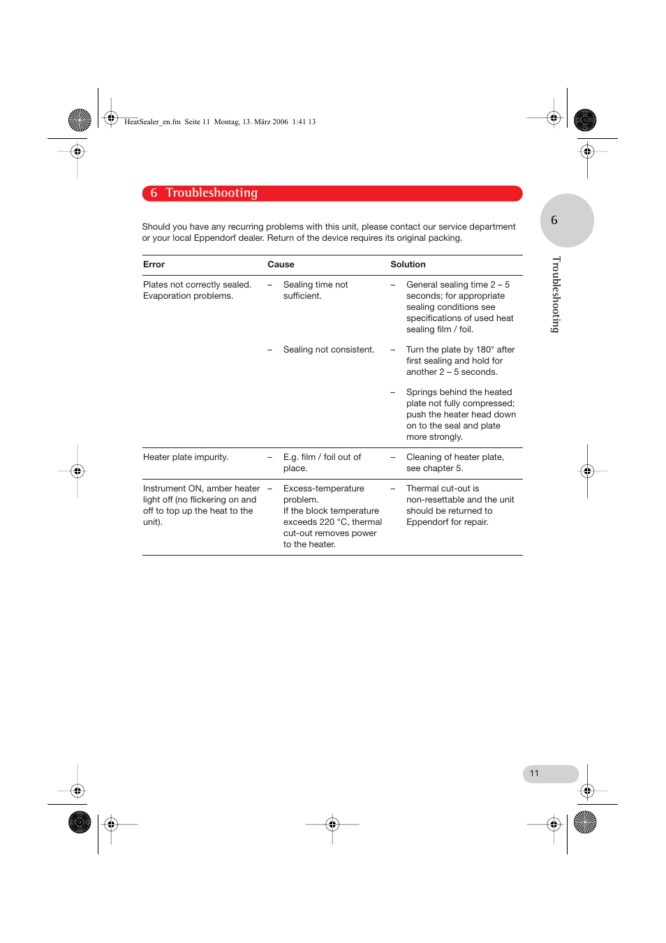 6 troubleshooting | Eppendorf Heat Sealer User Manual | Page 11 / 16