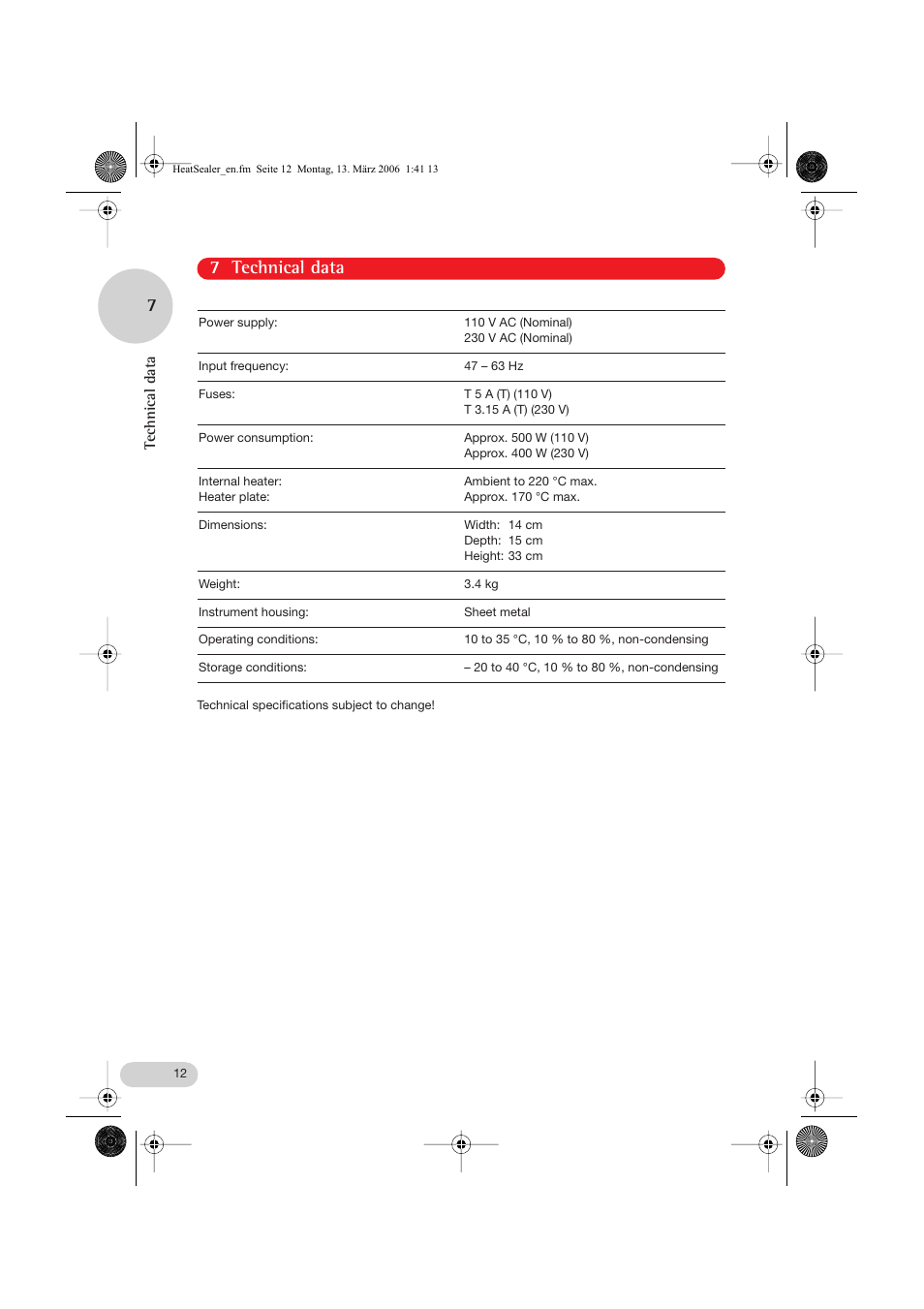 7 technical data 7 | Eppendorf Heat Sealer User Manual | Page 12 / 16