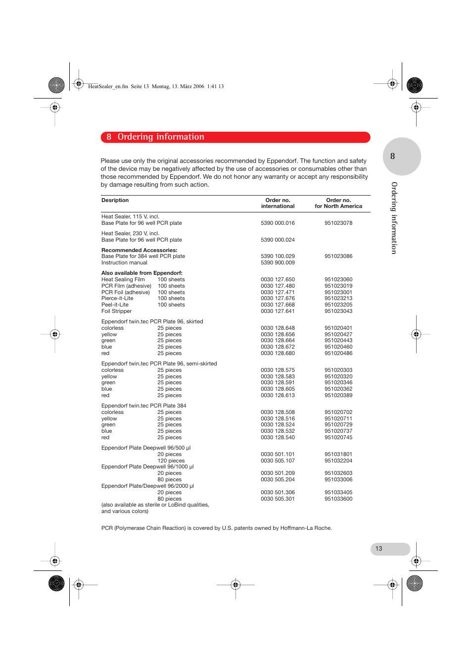 8 ordering information, Ordering information | Eppendorf Heat Sealer User Manual | Page 13 / 16