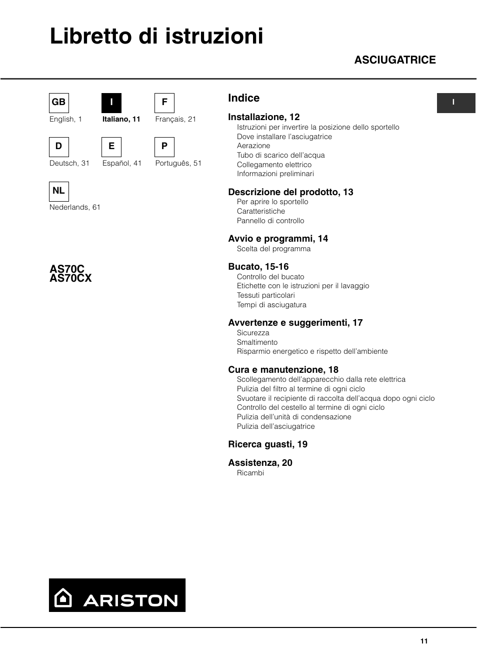 Libretto di istruzioni, Indice asciugatrice as70c as70cx | Ariston AS70CX User Manual | Page 11 / 72