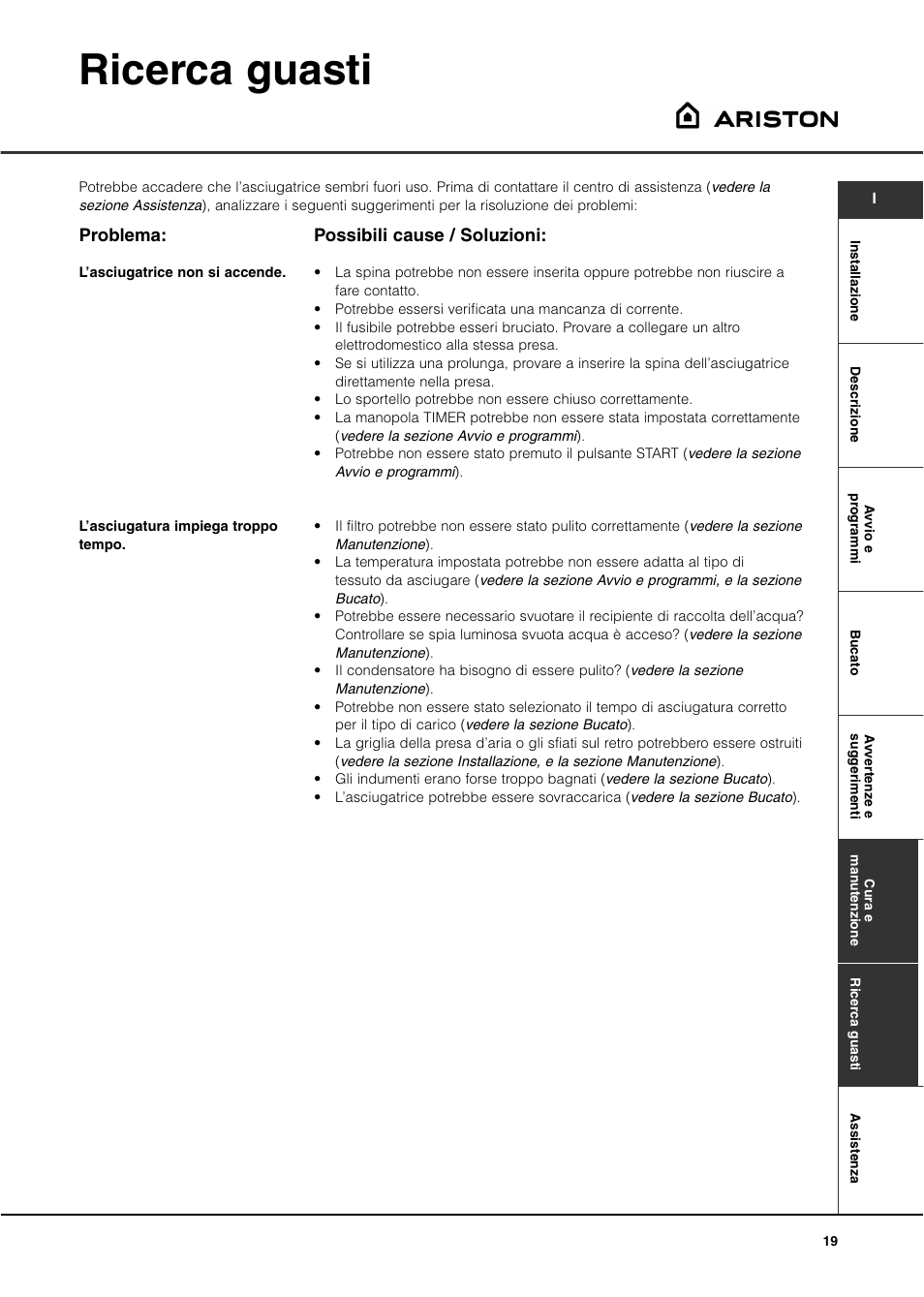 Ricerca guasti, Problema, Possibili cause / soluzioni | Ariston AS70CX User Manual | Page 19 / 72