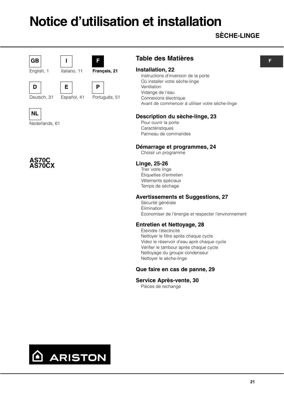 Ariston AS70CX User Manual | Page 21 / 72