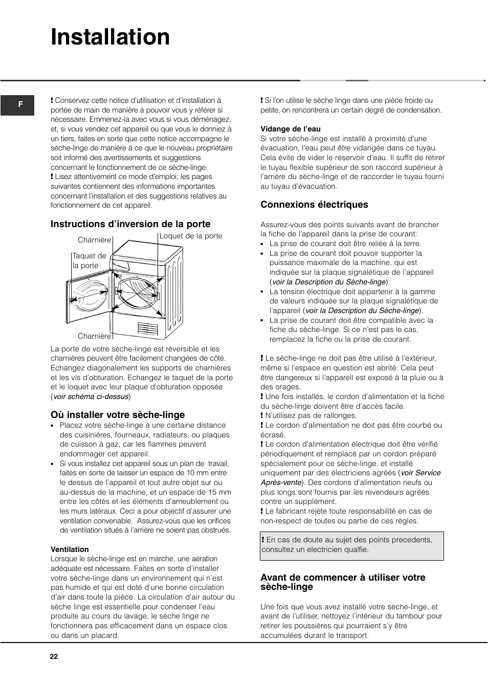 Installation, Instructions d’inversion de la porte, Où installer votre sèche-linge | Connexions électriques, Avant de commencer à utiliser votre sèche-linge | Ariston AS70CX User Manual | Page 22 / 72