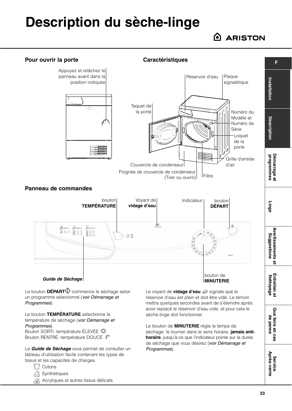 Description du sèche-linge | Ariston AS70CX User Manual | Page 23 / 72