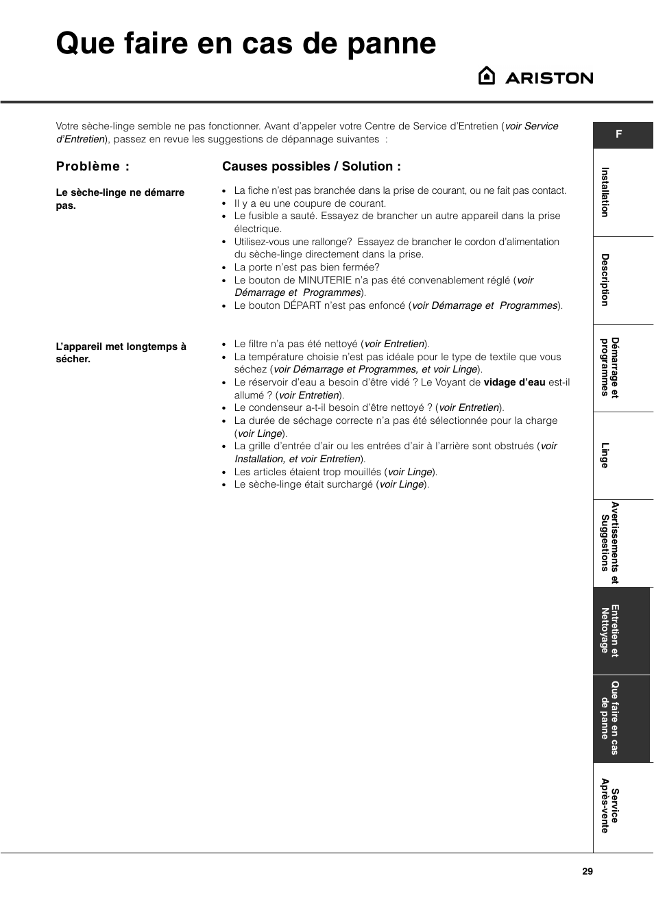 Que faire en cas de panne, Problème, Causes possibles / solution | Ariston AS70CX User Manual | Page 29 / 72