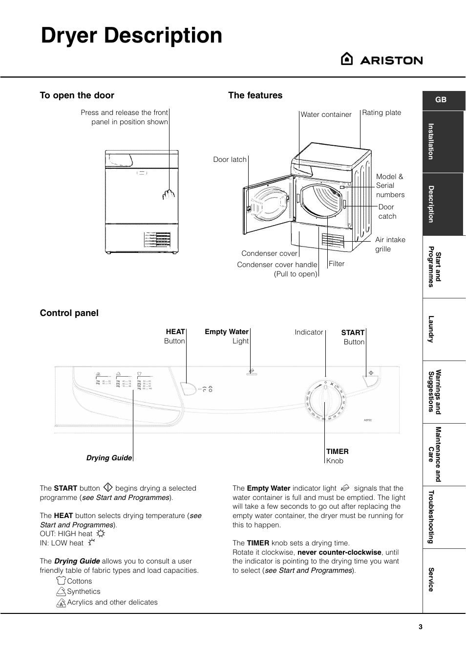 Dryer description, Control panel to open the door the features | Ariston AS70CX User Manual | Page 3 / 72