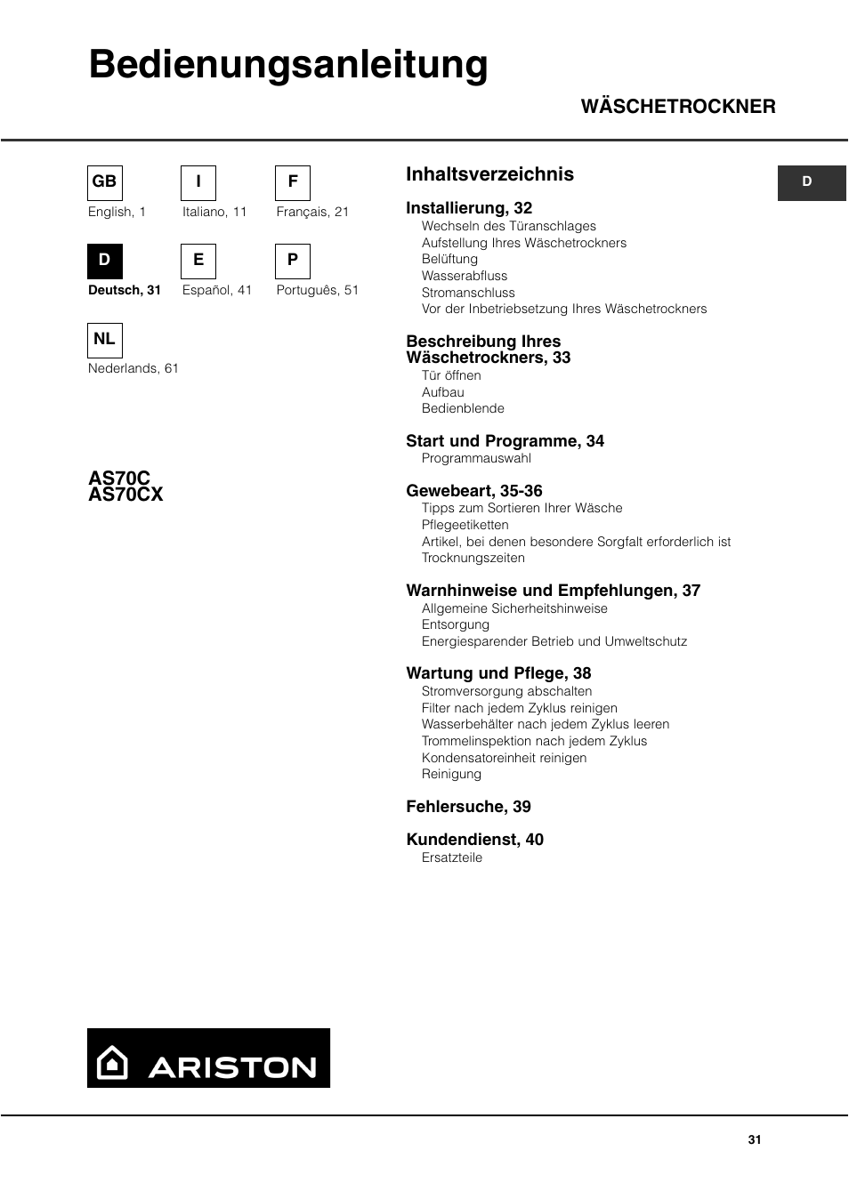 Bedienungsanleitung, Inhaltsverzeichnis wäschetrockner as70c as70cx | Ariston AS70CX User Manual | Page 31 / 72