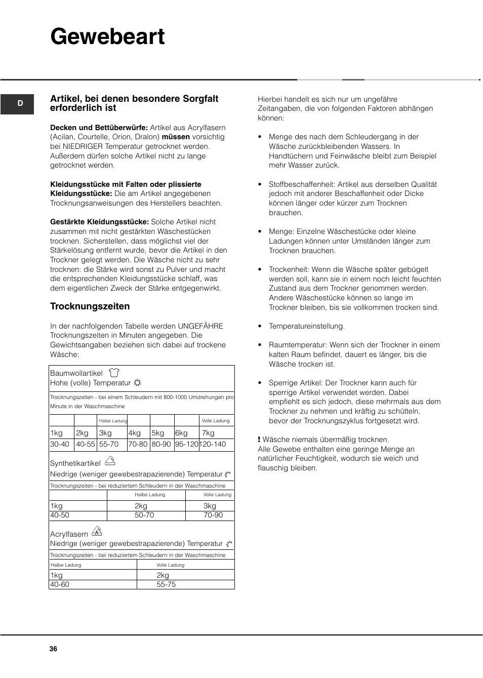 Gewebeart, Trocknungszeiten | Ariston AS70CX User Manual | Page 36 / 72