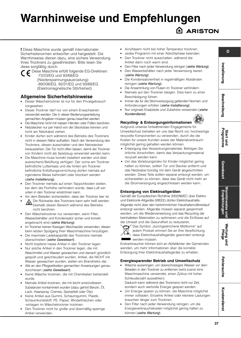 Warnhinweise und empfehlungen, Allgemeine sicherheitshinweise | Ariston AS70CX User Manual | Page 37 / 72