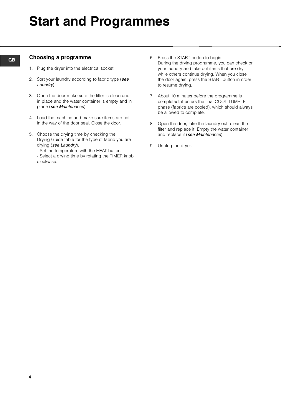 Start and programmes | Ariston AS70CX User Manual | Page 4 / 72