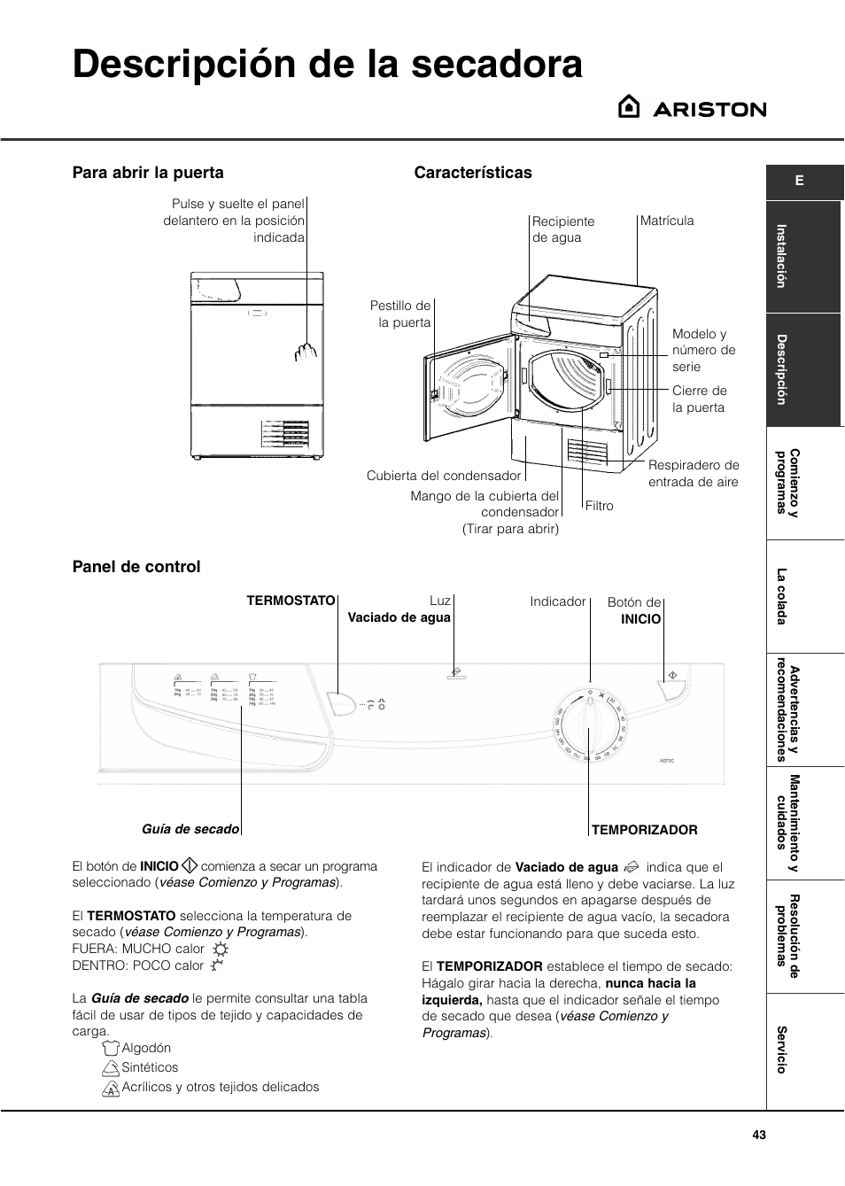 Descripción de la secadora | Ariston AS70CX User Manual | Page 43 / 72