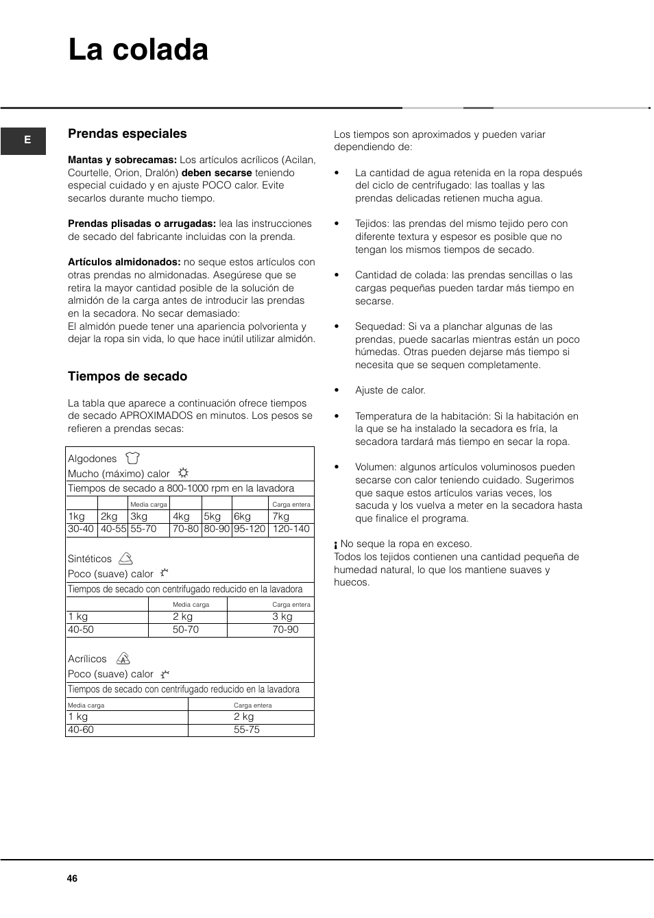 La colada, Prendas especiales, Tiempos de secado | Ariston AS70CX User Manual | Page 46 / 72