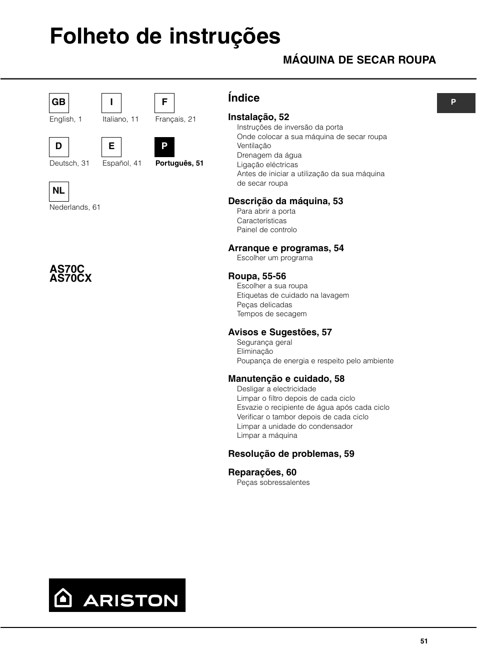 Folheto de instruções, Índice máquina de secar roupa as70c as70cx | Ariston AS70CX User Manual | Page 51 / 72