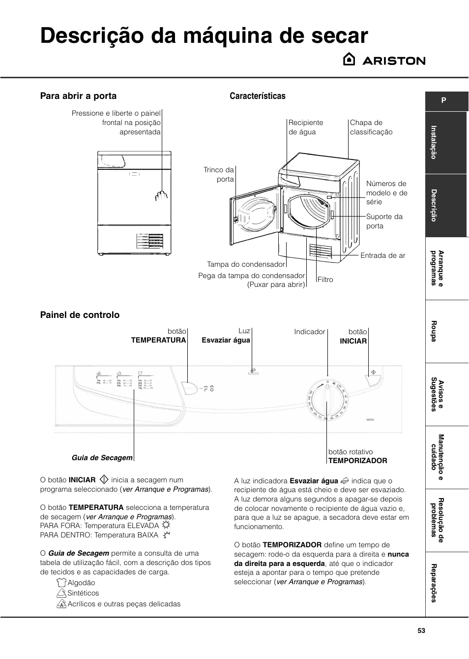 Descrição da máquina de secar | Ariston AS70CX User Manual | Page 53 / 72