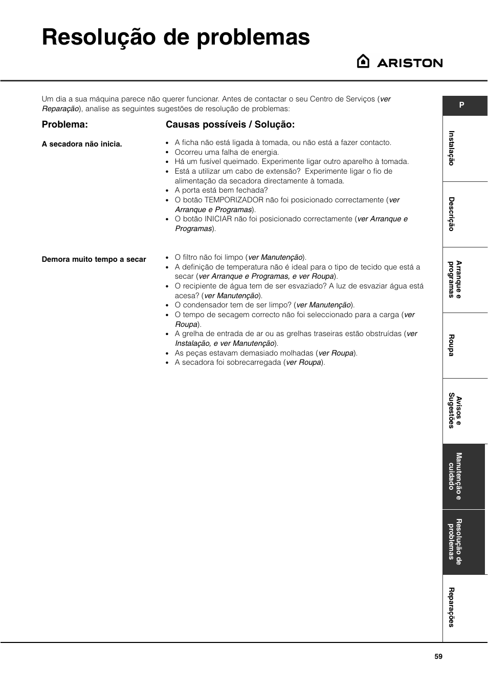 Resolução de problemas, Problema, Causas possíveis / solução | Ariston AS70CX User Manual | Page 59 / 72