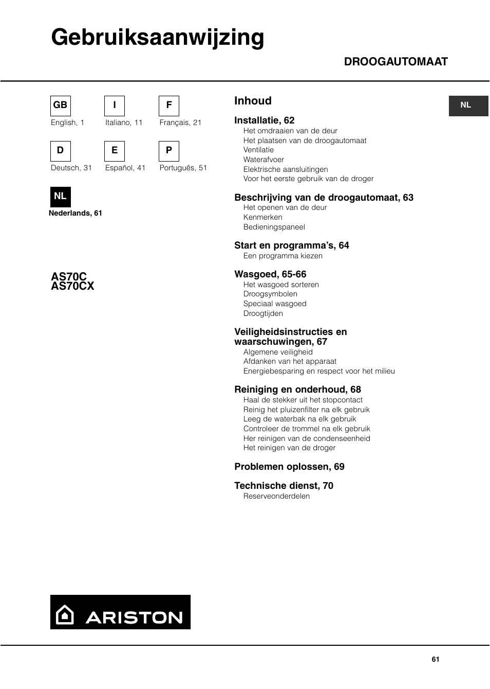 Gebruiksaanwijzing, Inhoud droogautomaat as70c as70cx | Ariston AS70CX User Manual | Page 61 / 72