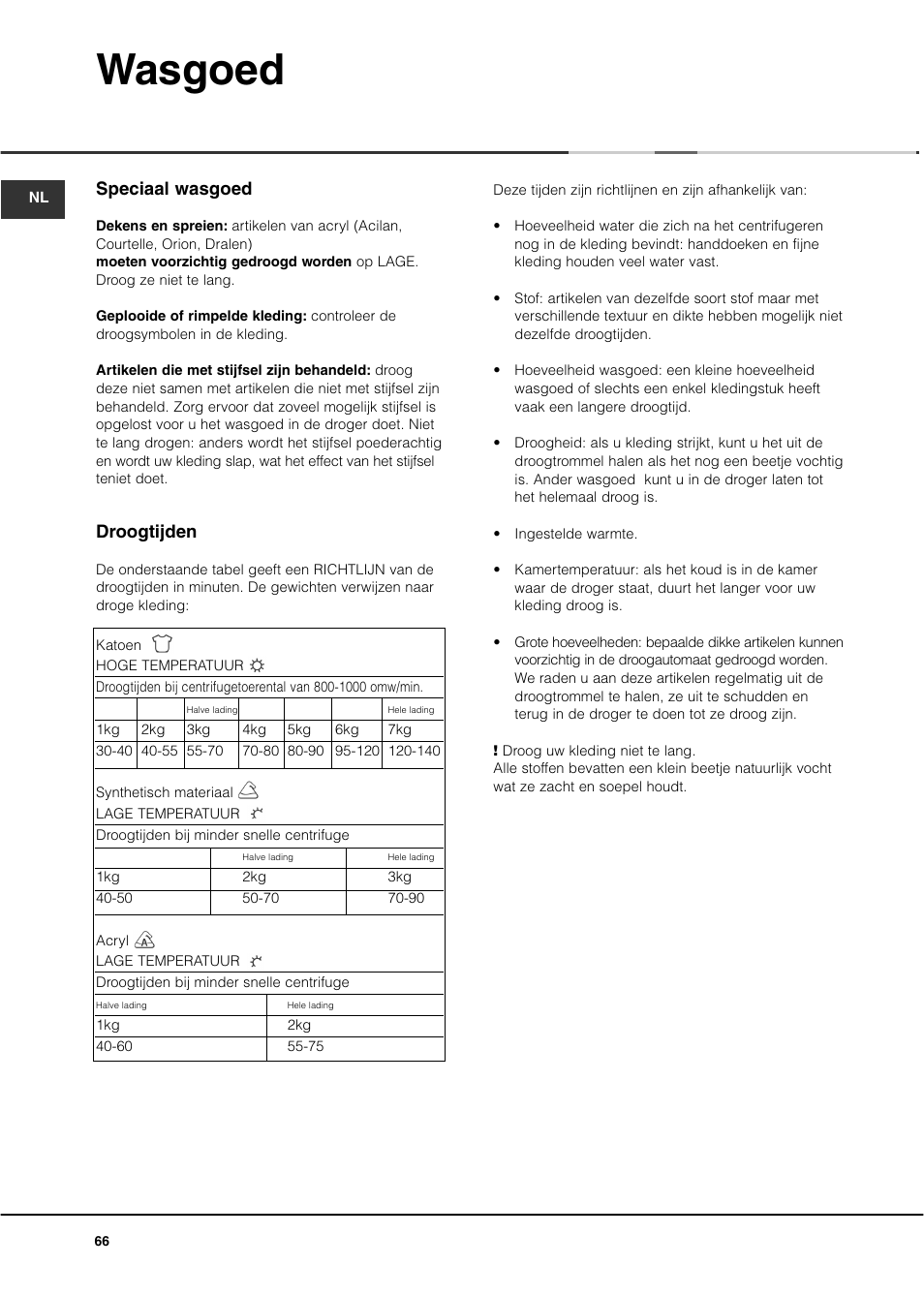 Wasgoed, Speciaal wasgoed, Droogtijden | Ariston AS70CX User Manual | Page 66 / 72