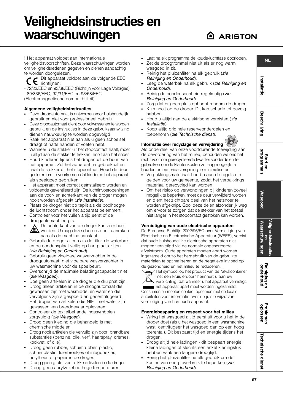 Veiligheidsinstructies en waarschuwingen | Ariston AS70CX User Manual | Page 67 / 72