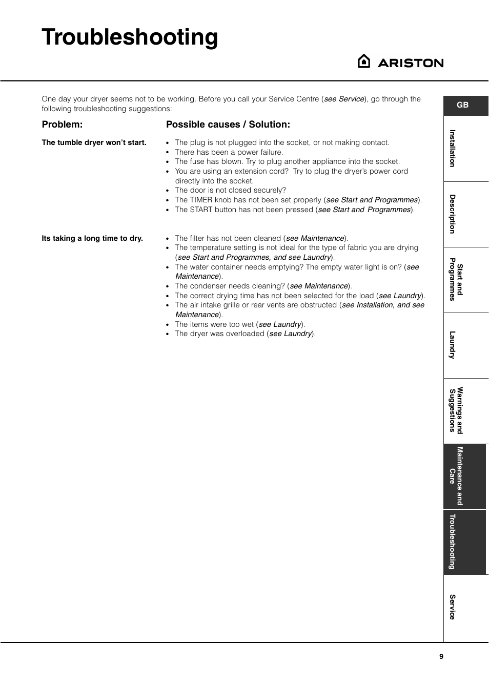 Troubleshooting, Problem, Possible causes / solution | Ariston AS70CX User Manual | Page 9 / 72